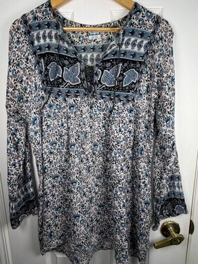 GEETA Blue Floral Peasant Top Free Size 100% Cotton Boho Hippie Cottagecore